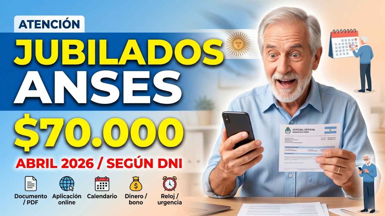 Jubilados ANSES abril 2026 aumento + bono $70.000, cómo cobrar según DNI