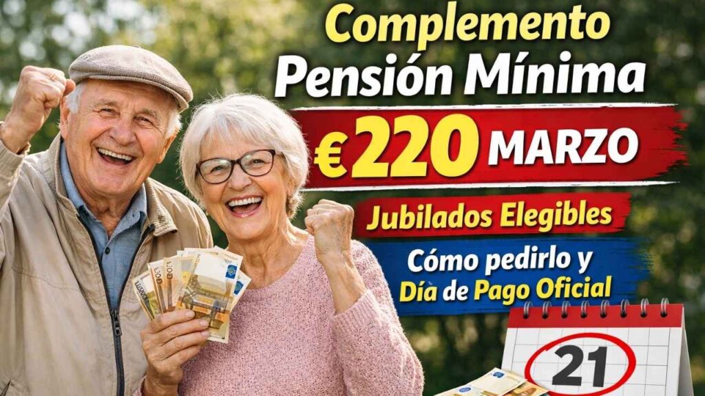 Complemento pensión mínima €220 marzo jubilados elegibles, cómo pedirlo y día de pago oficial